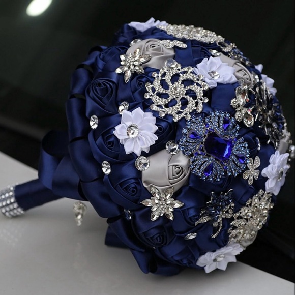 Elegant Blue and Silver Bridal Brooch Bouquet - Picture 1 of 14